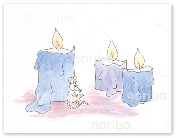 Rat sitting and leaning against blue candle reading a book. Two more candles are another blue and violet. Ground is in shades from pink to violet.
