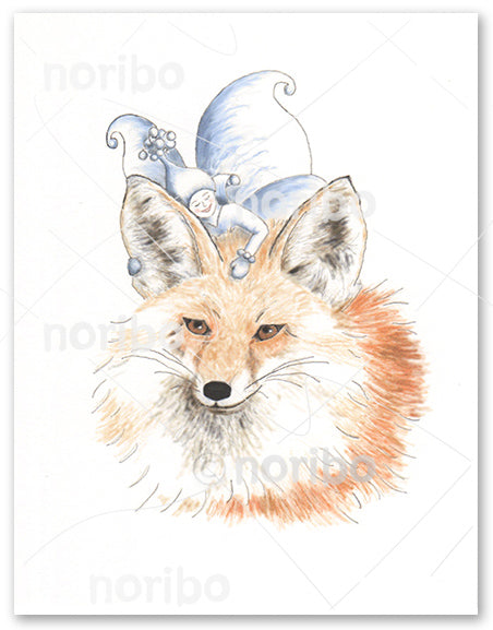 Smiling fairy, eyes closed, dressed in wintery clothing matching with her blue and white wings, leans against fox's back of right ear.
