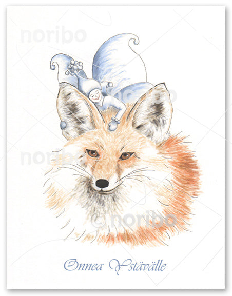 Smiling fairy, eyes closed, dressed in wintery clothing matching with her blue and white wings, leans against fox's back of right ear.