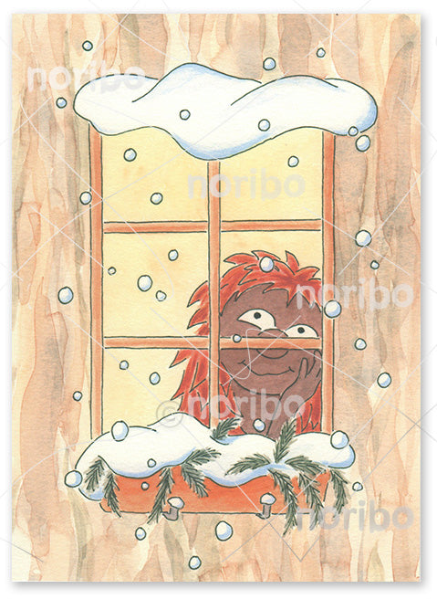 Troll girl with red hair is looking through the window at big snowflakes falling with a smile. Spruce branches are covered by snow on the flower bucket.