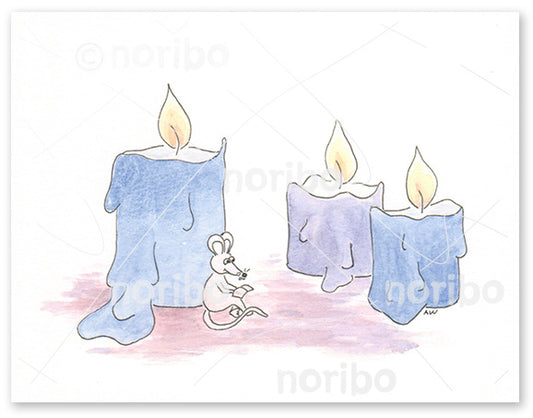 Rat sitting and leaning against blue candle reading a book. Two more candles are another blue and violet.  Ground is in shades from pink to violet. 