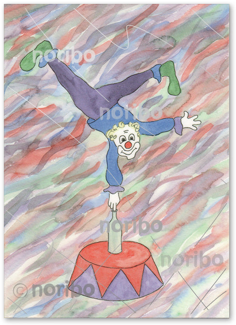 Clown balancing with one finger on green bottle. Bottle is on circus pedestal. Background is full of colourful wavy diagonal lines.