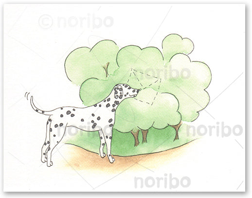 Dalmatian wagging its tail on a dirt road and sniffing dash-lined envelope on a green bush.