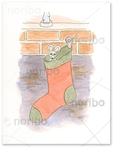 Postcard - Mouse Peeks from Christmas Stocking