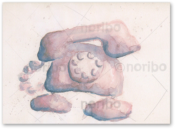 Rotary dial phone painted with different shades of pink to violet watercolor appears to be ringing.